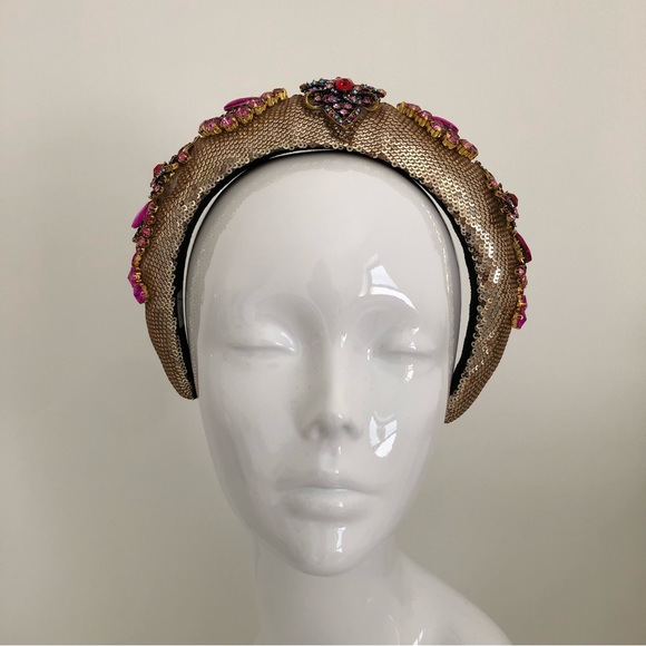 Handmade Hairband Headband Gold Pink Multicoloured Rhinestone Wedding Occasion - Picture 5 of 16